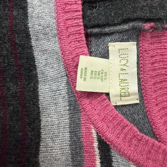 Lucy & Laurel Striped Pink Grey 100% Merino Wool Sweater Sz S - Picture 4 of 5